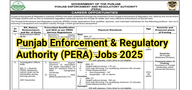 Punjab Enforcement & Regulatory Authority (PERA) Jobs 2025 Apply Online