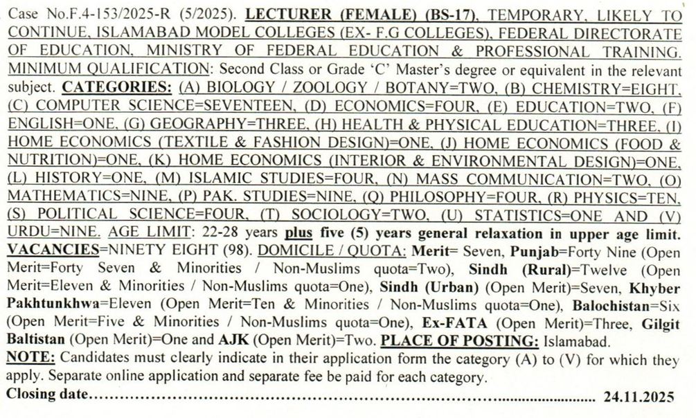 FPSC Lecturer (Female) BS-17 Jobs 2025 Apply Online FPSC Case No. F.4-153/2025-R