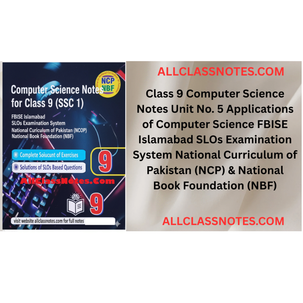 Class 9 Computer Science Notes Unit No. 5 Applications of Computer Science FBISE Islamabad  SLOs Examination System  National Curriculum of Pakistan (NCP) & National Book Foundation (NBF)